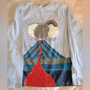 Mini Boden boys size 11/12 light blue volcano graphic long sleeve tee, like new!